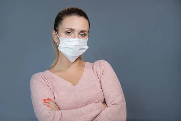 Mujer Con Máscara Médica Coronavirus Covid 2019 Ncov Síntomas Gripe — Foto de Stock