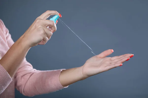 Woman Disinfects Her Hands Antiseptic Spray Can Prevention Fight Coronavirus — Stock Photo, Image