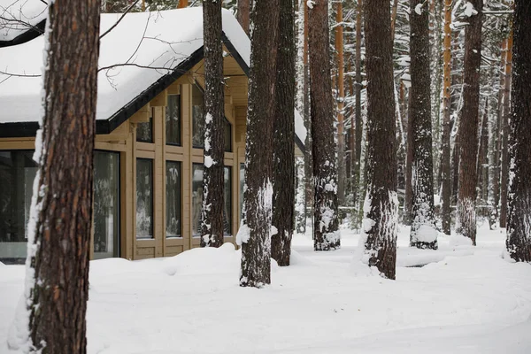 Casa Campo Con Techo Cubierto Nieve Grandes Ventanas Fachada Bosque — Foto de Stock