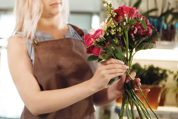 Blond Florist Woman Apron Workspace Flower Shop Selective Focus — Stock Photo, Image