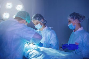 Karın ameliyatı sırasında üç cerrah. Mavi üniformalar, lateks eldivenler, tıbbi aletler. Leke aydınlatma.