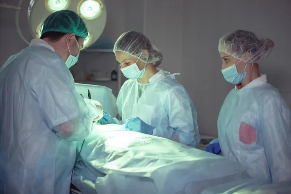 Three Surgeons Abdominal Surgery Blue Uniforms Latex Gloves Medical Instruments — Stock Photo, Image