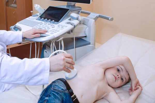 Ultrasound Examination Child Doctor Makes Abdominal Scan Boy Medical Clinic — Stock Photo, Image