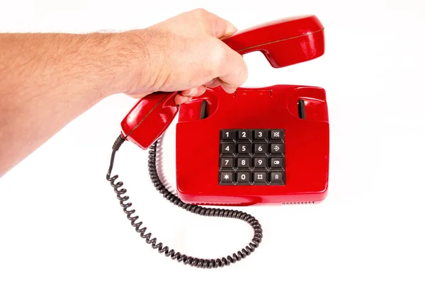 Telefone Vintage Vermelho Com Botões Mão Homem — Fotografia de Stock