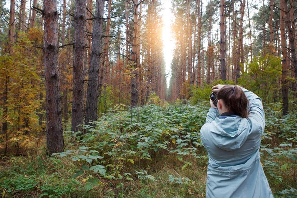 Жінка Фотограф Фотоапаратом Синій Куртці Лісі — стокове фото