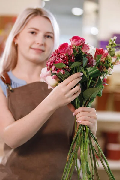 Blond Florist Woman Apron Workspace Flower Shop Selective Focus — Stock Photo, Image