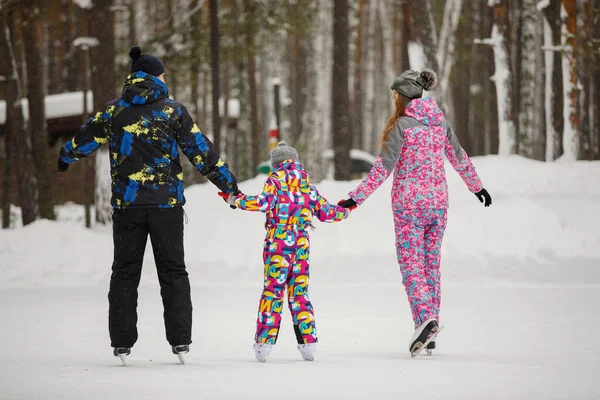 Famiglia Madre Padre Figlia Pattinano Parco Pini Innevato Una Pista — Foto Stock