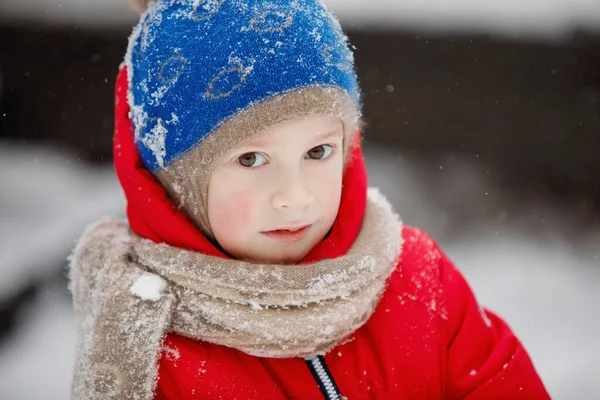 Портрет Хлопчика Зимовому Одязі Червона Куртка Синій Язаний Капелюх Подивіться — стокове фото