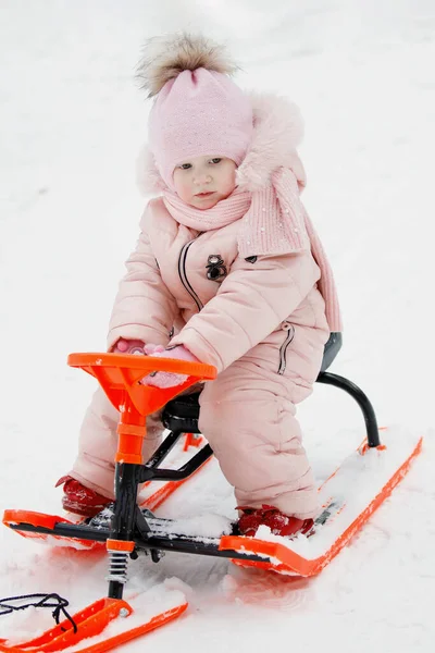 Girl Pink Orange Sleigh Winter White Snow Stock Photo