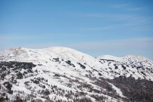 Přírodní Krajina Bílé Zasněžené Hory Jehličnatým Lesem Modré Nebe Krásné — Stock fotografie