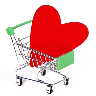 Web tasarımı, kartpostal, pankart için kırmızı kalpli alışveriş arabası. Sevgililer Günü, Düğün, Doğum Günü, Uluslararası Kadınlar Günü. İzole edilmiş.