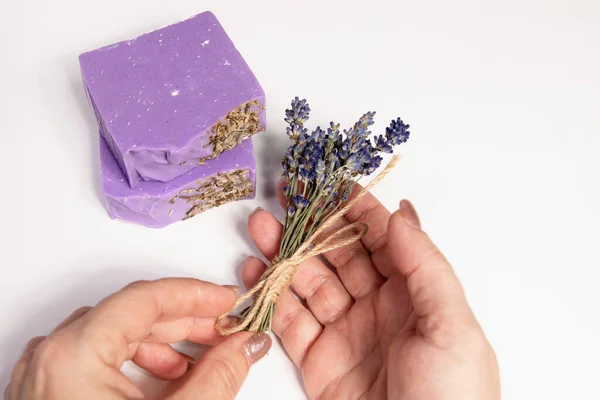 Homemade Handmade Soap Bundle Lavender Female Hands Small Business Organic — Stock Photo, Image