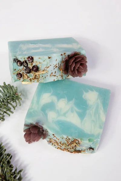 Homemade Handmade Soap Coniferous Aroma Spruce Twig Cone Jute Twine — Stock Photo, Image