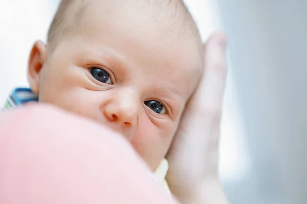 Portrait Blue Eyed Newborn Baby Girl Lies Looks Camera Happy Stock Photo