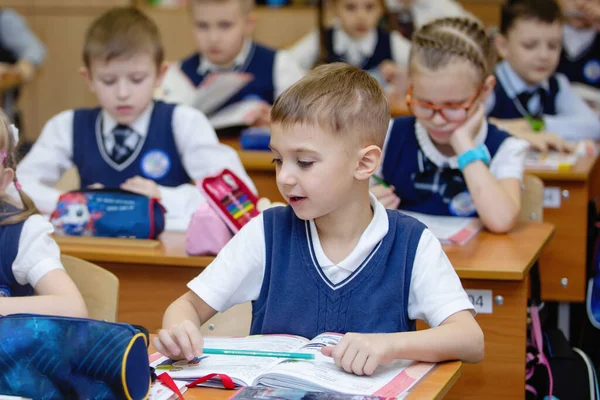 Basisschoolkinderen Aan Hun Bureau Klas Schoolonderwijs Selectieve Focus — Stockfoto