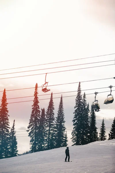 Ski cable car cabins against the background of fir trees and the sky. Vintage filter. Healthy lifestyle. Sports concept. Selective focus.