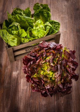 Ahşap masa üzerinde çeşitli marul