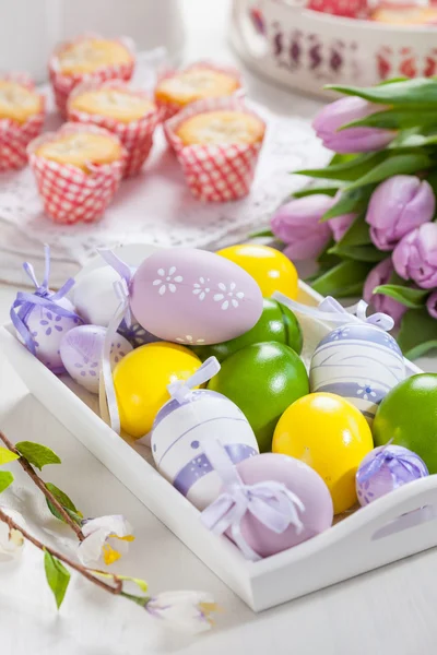 Easter place setting with painted eggs — Stock Photo, Image