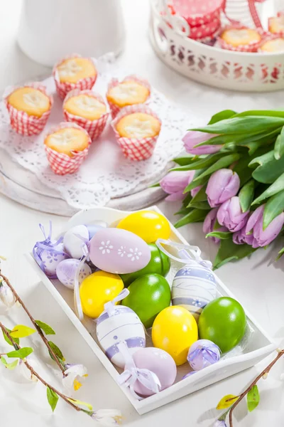 Easter place setting with painted eggs — Stock Photo, Image