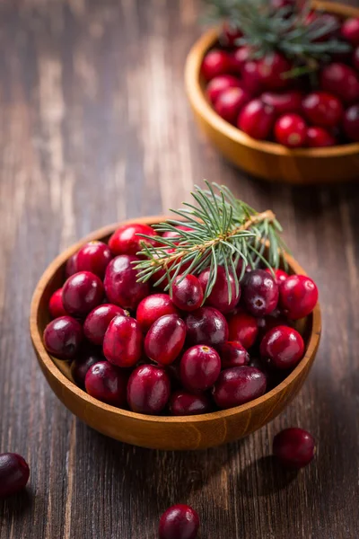 Ripe Organic Cranberries Wooden Bowl Wooden Background — Stock Photo, Image