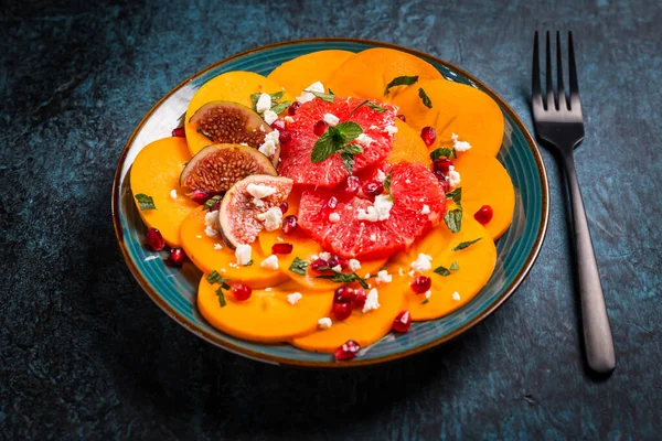 Healthy Winter Salad Persimmon Carpaccio Salad Pomegranate Feta Cheese Pink — Stock Photo, Image