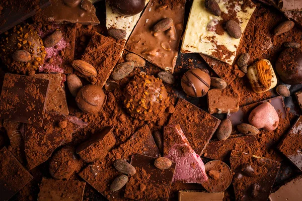 Variace Čokolády Čokoládových Bonbónů Kakaem Kakaovými Boby Jako Pozadí — Stock fotografie