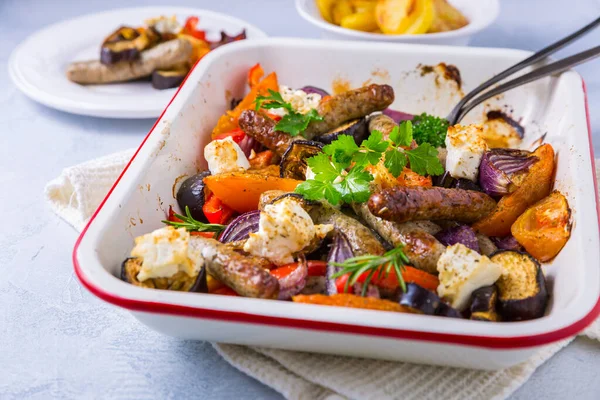 Roasted Sausages Vegetables Feta Cheese Casserole — Stock Photo, Image