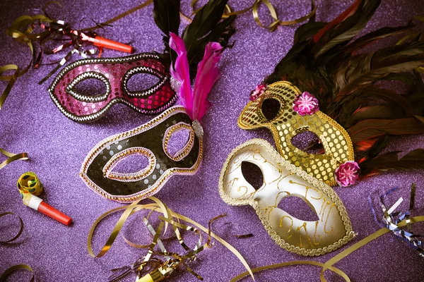 Assortment Venetian Carnival Masks Violet Background Concept Mardi Gras Mask — Stock Photo, Image