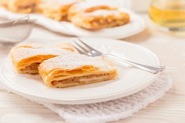 Homemade Apple Strudel Apfelstrudel White Plate Popular Pastry Cake Europe — Stock Photo, Image