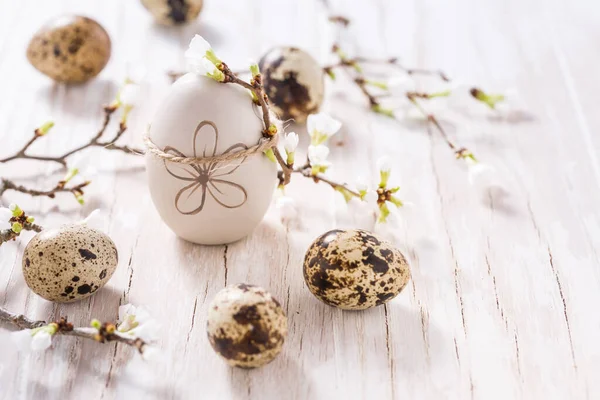 Huevos Pascua Con Rama Cereza Decoración Pascua Con Espacio Copia — Foto de Stock