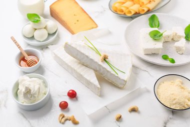 Beyaz mermer arka planda taze süt ürünleri. Peynir, bal, süt, yoğurt çeşitleri.. 