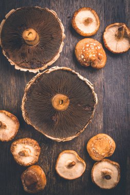 Yenilebilir mantarlar (Agaricus bisporus) - Ahşap zemin üzerinde Portobello ve shiitake mantarları