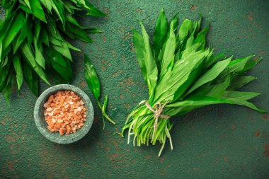 Mutfak masasında pembe Himalaya tuzu bulunan Ramson veya ayı pırasası (Allium ursinum)..