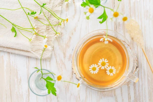 Cup Chamomile Tea Wooden Kitchen Table — Stock Photo, Image