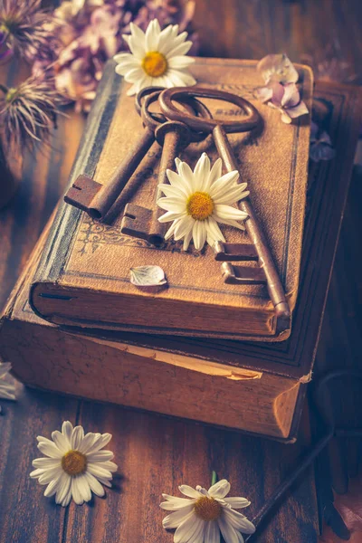 Key Knowledge Concept Old Keys Vintage Book Flowers Wooden Background — Stock Photo, Image