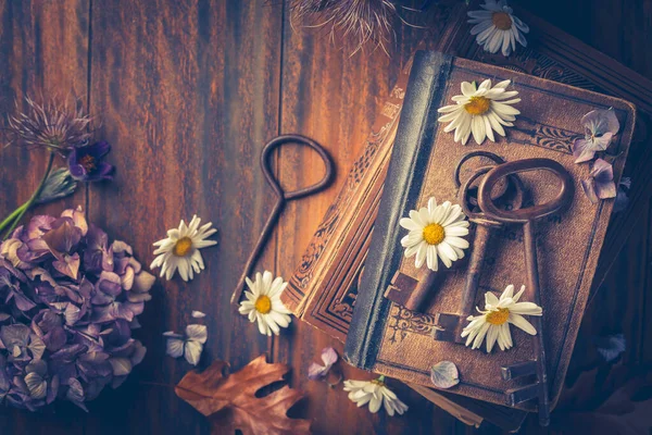Nyckeln Till Kunskap Koncept Gamla Nycklar Vintage Bok Med Blommor — Stockfoto