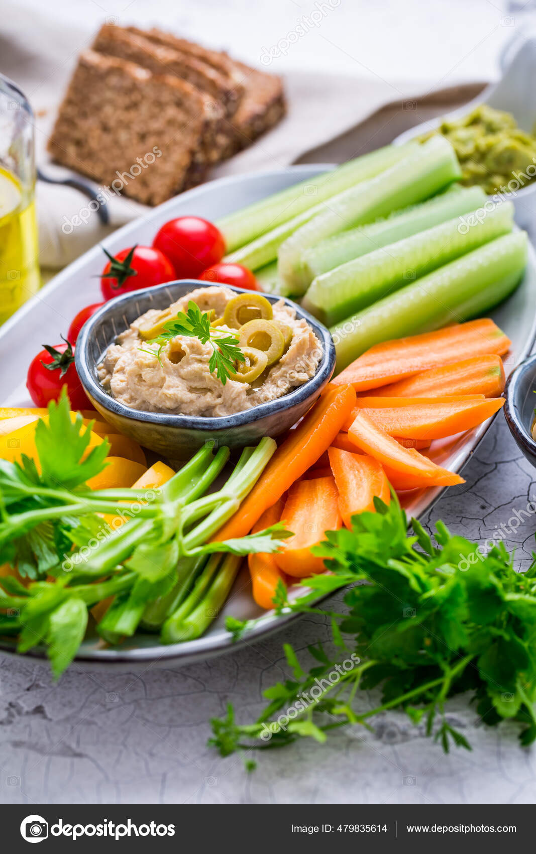 Platter Assorted Fresh Vegetables Avocado Dip Hummus Marinated