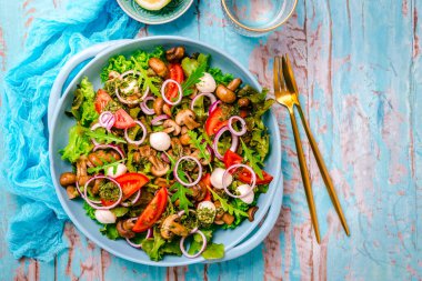 Kızarmış şampiyonlarla sebze salatası ve soğanlı mozzarella peyniri.