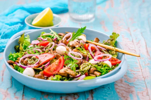 Plantaardige Salade Met Geroosterde Champignons Mozzarella Kaas Met Uien — Stockfoto