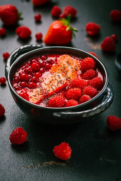 Breakfast Red Smoothie Bowl Chia Seeds Strawberry Raspberry Redcurrants Black — 图库照片