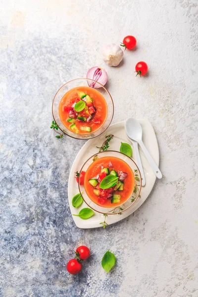 Homemade Spanisch Gazpacho Cold Vegetable Soup Ingredients Refreshing Cool — Stock Photo, Image