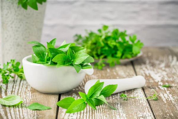 Thai Basil Parsley Thyme Other Herbs Mortar Wooden Kitchen Table — Stock Photo, Image