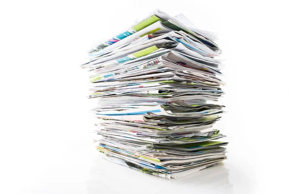 Stack Waste Paper Old Magazines Newspapers Leaflets Recycling Isolated White — Stock Photo, Image