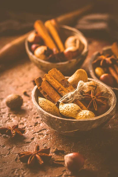 Assortment Different Spices Nuts Christmas Baking Warm Brown Tone — Stock Photo, Image