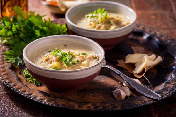 Sopa Repolho Vegan Com Cogumelos Ostra Com Legumes Velha Mesa — Fotografia de Stock