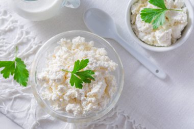 Süt ürünü - kaymak veya süzme peynir, kasede kuark ve beyaz arka planda süt