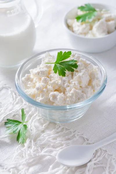 Produto Lácteos Coalhada Queijo Cottage Quark Tigela Leite Sobre Fundo — Fotografia de Stock