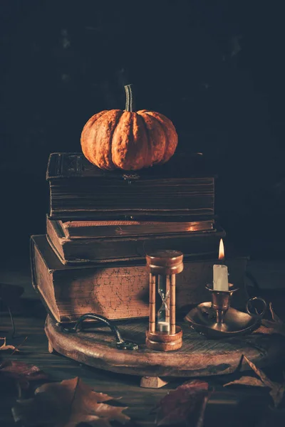 Still Life Halloween Thanksgiving Old Books Pumpkins Candle Dark Background — Stock Photo, Image