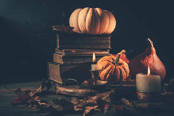 Still Life Halloween Thanksgiving Old Books Pumpkins Candle Dark Background — Stock Photo, Image