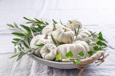 White pumpkins with green branches in a bowl on kitchen table